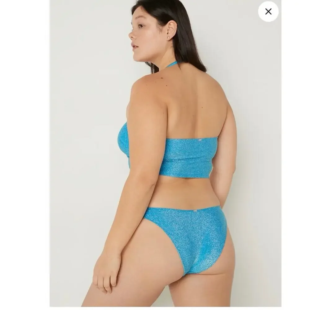 PINK 3 Piece Swim Size L Large Blue Shimmer NWOT Summer Swim Bathing‎ Suit - Picture 2 of 10